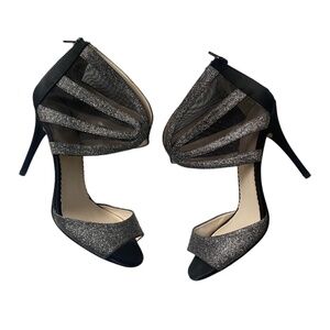 New Caparros Dalton Open Toe Evening Pumps silver Glitter Heels black - 10